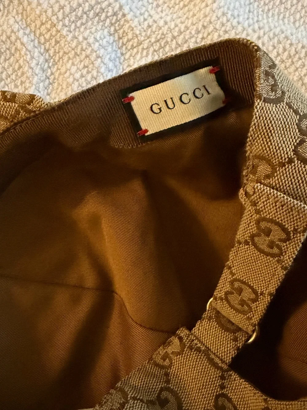 Gucci Tan Brown GG Canvas Baseball Cap with Leather Patch